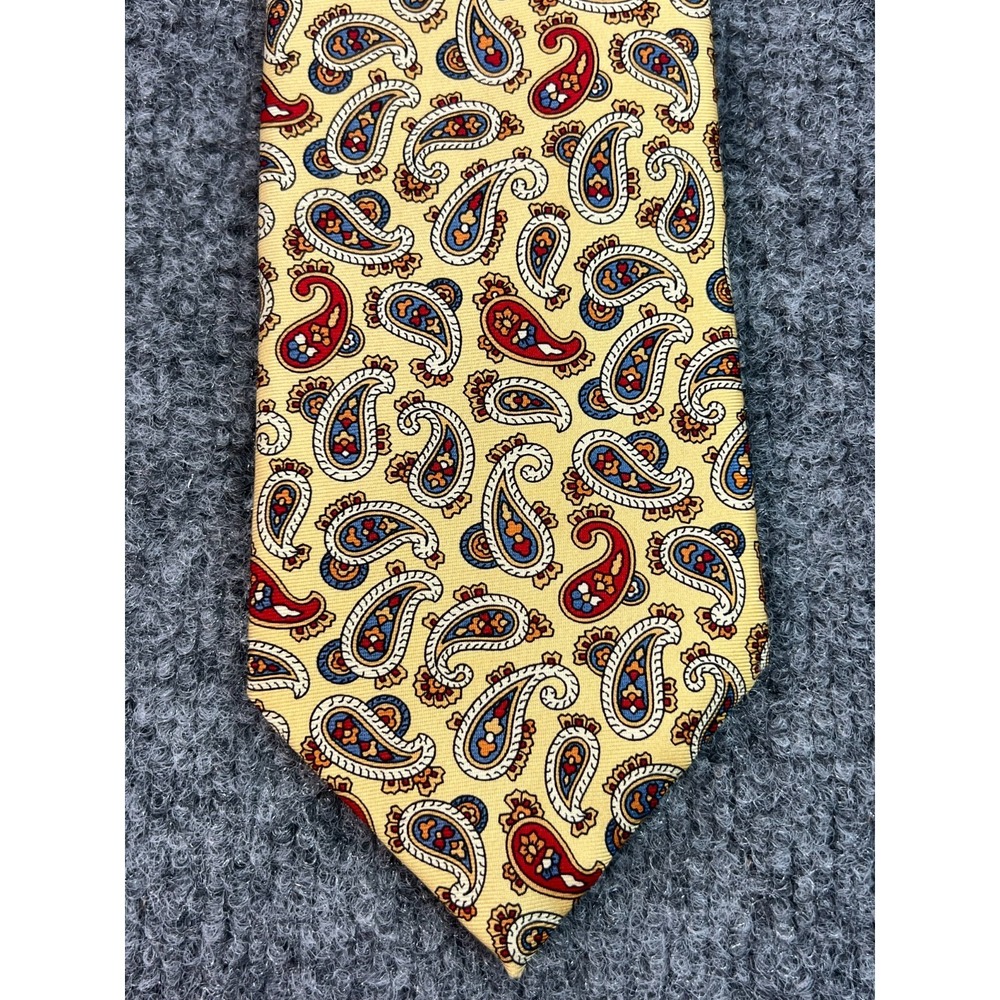 J Press Tie Yellow Red Blue Paisley 3.5" Made in USA 100% Silk Necktie 58"